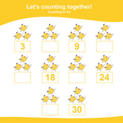 Fototapeta premium Counting the easter chicks for Preschool Children. Counting multiples of three. Educational printable math worksheet. Additional worksheet for kids. Vector illustration.