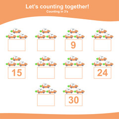 Counting the easter bunny for Preschool Children. Counting multiples of three. Educational printable math worksheet. Additional worksheet for kids. Vector illustration.