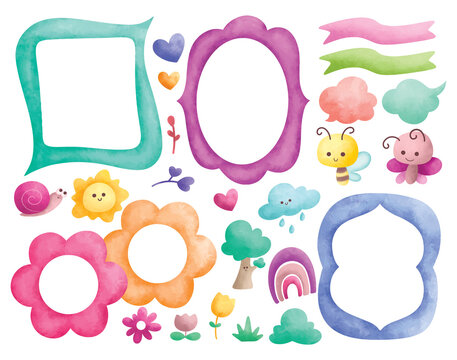 water color style frame with cartoon animals, flowers and tree, doodles vector illustration