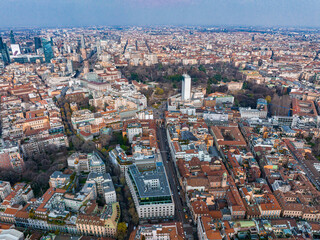 Milan skyline, Italy. Panorama of Milano city with the Porto Nuovo business district. Panoramic view of Milan in summer from above. Cityscape of Milan with the tall modern buildings.