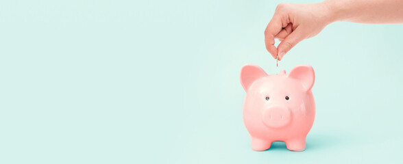 Piggy bank on green background, budgeting concept