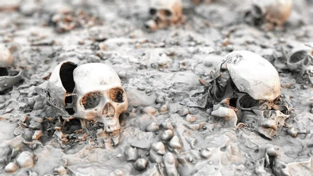 Human skulls scattered on the field of a bygone battle. War crimes, massacre on humanity. 