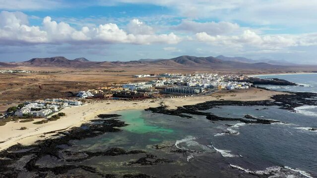 Panoramic view of El Cotillo city in Fuerteventura, Canary Islands, Spain. Scenic colorful traditional villages of Fuerteventura, El Cotillo in northen part of island. Canary islands of Spain.