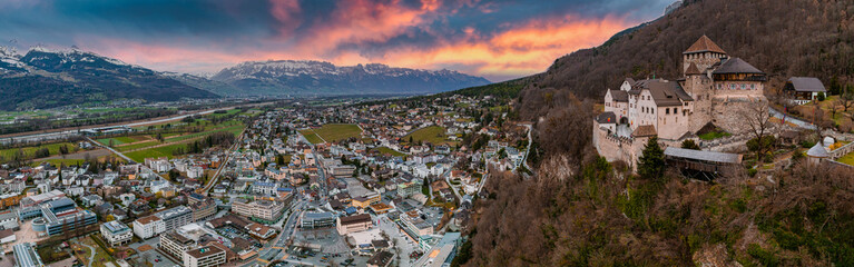 Aerial view of Vaduz - the capital of Liechtenstein. Vaduz castle in the capital of Liechtenstein - obrazy, fototapety, plakaty