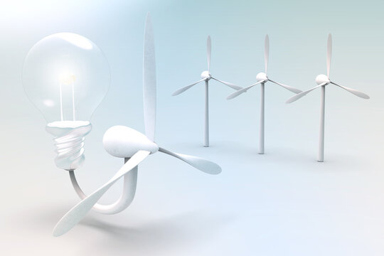 電球と風力発電の再生可能エネルギーイメージ　Renewable energy for light bulb and wind power	
