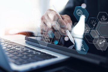 Business Intelligence. Businessman using digital tablet working with virtual innovation Operations...