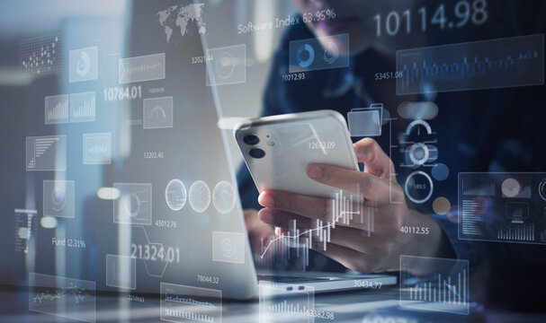 Corporate data analysis, business process and strategy, businesswoman, data scientist working on laptop with digital display of financial graph, market report, e-document