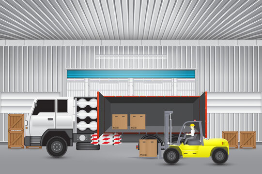 Vector of operator, driver or worker to handling cardboard box to cargo container on truck by forklift or equipment for logistic, shipping and delivery. Freight transport and distribution industry.