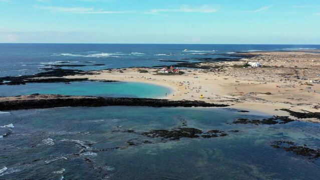 View of the beautiful Playa Chica Beach, El Cotillo, Fuerteventura, Canary Islands, Spain. White sand beach and turquoise blue water La Concha beach in El Cotillo, Fuerteventura, Canary Islands