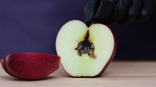 Half apple in plate, rotted from inside, the core is rotten. Spoiled, Moldy Fruits. Rotten and Moldy apple fruit. Bad conditions of preservation. Close up, Spoiled food. Fungus illness