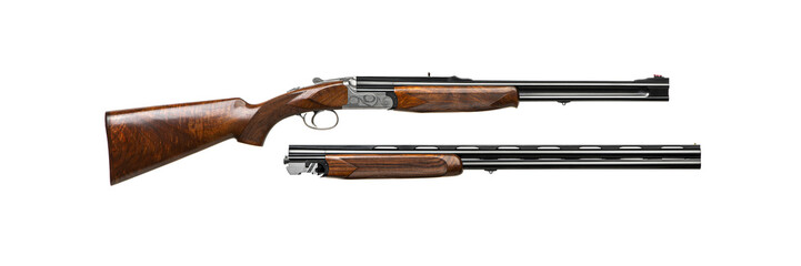 Luxury double-barreled shotgun with a vertical arrangement of barrels. Expensive weapon for...