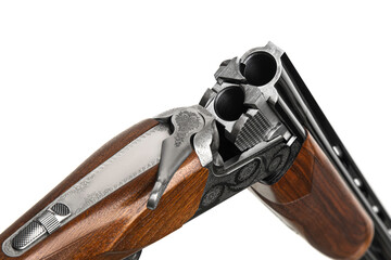 Luxury double-barreled shotgun with a vertical arrangement of barrels. Expensive weapon for hunters. Isolate on a white back.