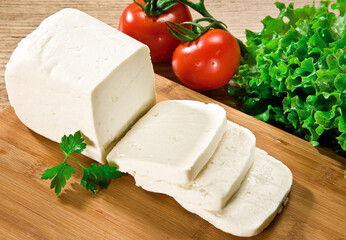 feta greek turkish cheese on chopping board white background