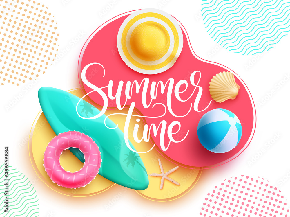 Poster summertime vector design. summer time typography text in abstract shape and colorful pattern backgro