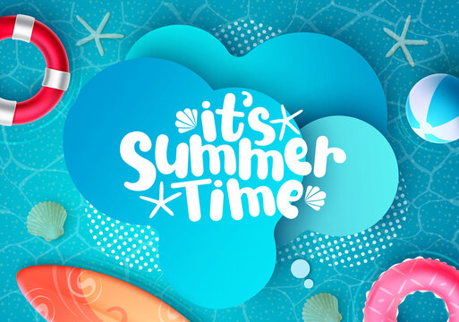 Summertime vector design. It's summer time text in abstract shape background with sea water patter and elements for relax tropical holiday season. Vector illustration.
