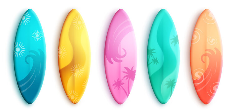 Summer surfboard vector set design. 3d surf boards in colorful pattern decoration isolated in white background for summer activity designs collection. Vector illustration.
