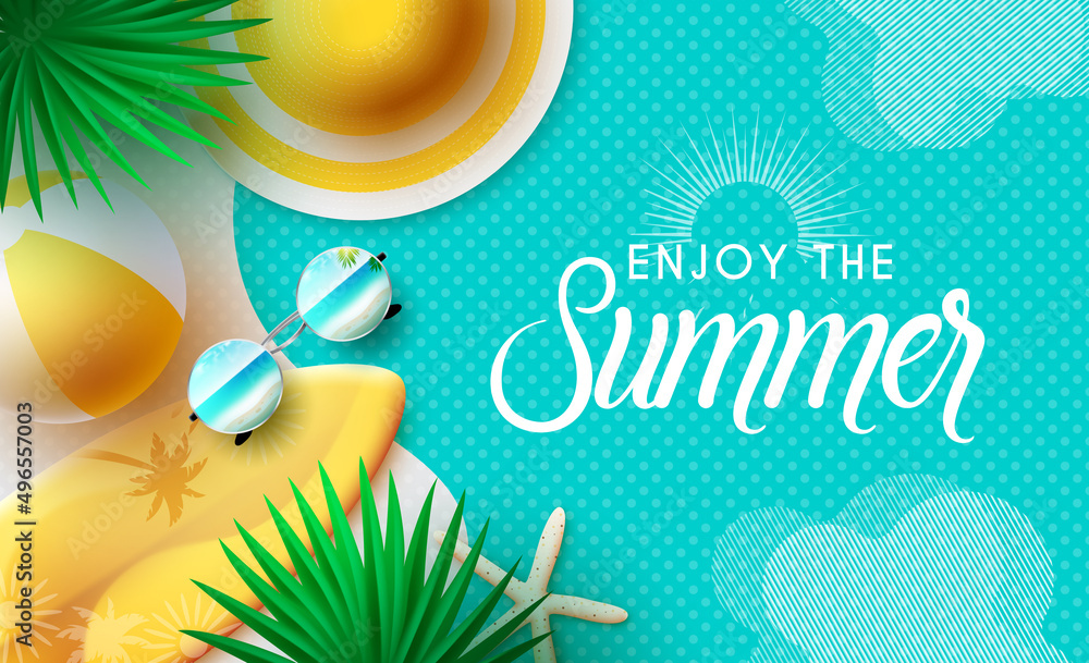 Poster summer vector background design. enjoy the summer text in blue pattern with hat, beachball and surfb