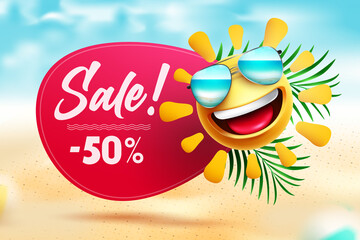 Summer sale vector banner design. Sale text and emoji in beach background with summer discount offer for seasonal travel and shopping ads. Vector illustration.
 - obrazy, fototapety, plakaty