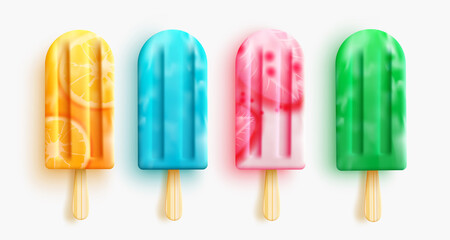Popsicles vector set design. Popsicle desserts with orange, strawberry and sweet flavors isolated in white background for 3d realistic collection. Vector illustration.
