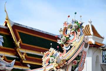 Fototapeta premium Part of the Roof of a temple in Thailand. Traditional Thai style pattern on the roof of a temple with Blue Sky Background.