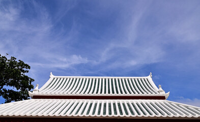 Obraz premium Part of the Roof of a temple in Thailand. Traditional Thai style pattern on the roof of a temple with Blue Sky Background.