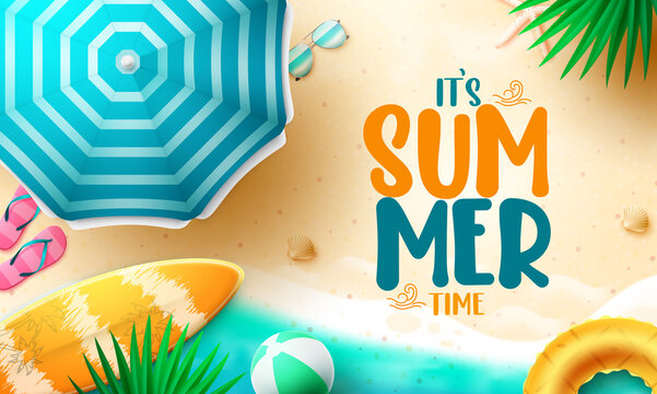 Summer time vector background design. It's summer time text in beach outdoor with sand, sea and tropical elements for fun sunny season. Vector illustration.
