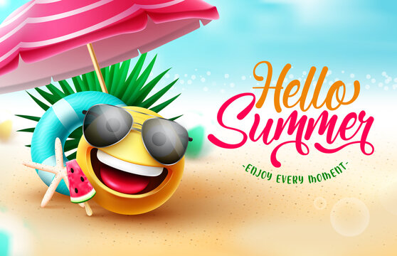 Summer greeting vector design. Hello summer text in beach background with emoji character, umbrella and floater elements  for sunny tropical season. Vector illustration.
