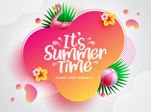 Summer time vector template design. It's summer time text in abstract space with foliage leaves, flamingo and beachball floaters for tropical holiday season. Vector illustration.
