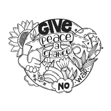 A symbol of peace with lettering and doodle elements. A hand-drawn doodle. Give peace a chance. No war in Ukraine. Black lineart on a white background.