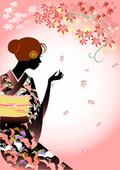 女性、着物、もみじ、紅葉