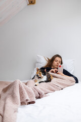 Pets, morning, comfort, vacation and people concept - young woman looking at phone and she has a tricolor cat sitting on her feet.