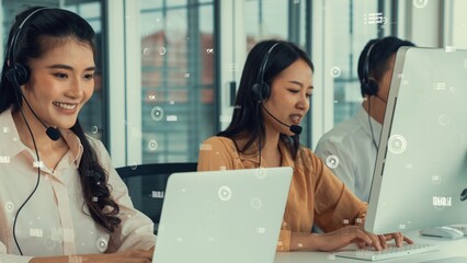 Customer support call center provide data with envisional graphic . Business and communication technology concept .