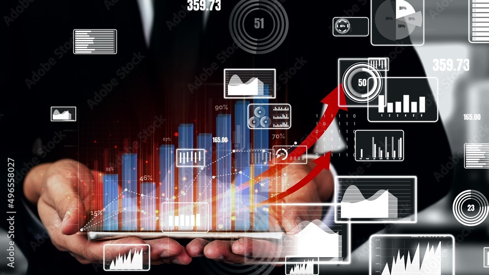 Poster conceptual business dashboard for financial data analysis . 3d render computer graphic .