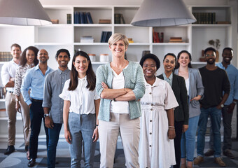 Determined to gain great success together. Portrait of a diverse group of businesspeople standing together in an office.