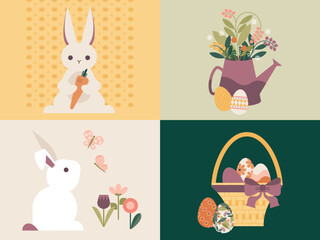 Easter Bunny. Cute Bunnies. Spring Flowers in Watering Can. Easter Eggs. Easter Basket. Brunch. Holiday. Floral. Set of flat vector illustrations. Easter egg hunt invitations and cards. 