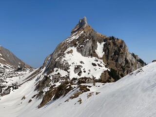 Rocky peak Dejenstogg or Dejenstock (2022 m) in the Glarus Alps mountain range, over the Klöntalersee (or Kloentalersee) reservoir lake and Klöntal alpine valley - Canton of Glarus, Switzerland