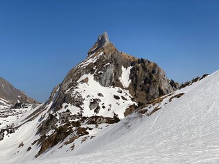 Rocky peak Dejenstogg or Dejenstock (2022 m) in the Glarus Alps mountain range, over the Klöntalersee (or Kloentalersee) reservoir lake and Klöntal alpine valley - Canton of Glarus, Switzerland