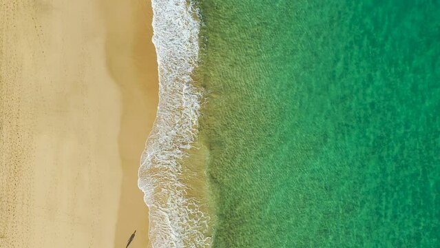 Aerial view of the running people on the white sandy beach near sea with waves at sunrise. Summer holiday. Top view of sporty people, clear azure water. Lifestyle and sport