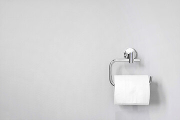 Chrome toilet paper holder on white wall holding a roll of soft bath tissue. Design element and...