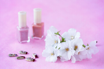 Obraz na płótnie Canvas 桜（オオシマザクラ）とマニキュアとネイルチップ（ピンクバック）