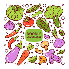 A set of doodle elements vegetableswith leaves. Diet, healthy food, vegetarianism, vegan. Restaurant menu.