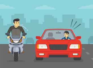 Driving a car. Bad behavior on city roads. Angry male driver is yelling to spitting motorcycle rider. Flat vector illustration template.