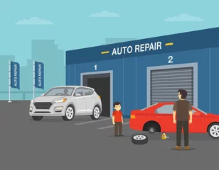 Fototapeten Car service and auto repair building. White suv car is leaving the auto service area. Boy is helping to his father to change flat tyre. Flat vector illustration template. © flatvectors