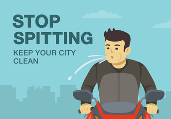 Bad behavior on city roads. Young male motorcycle rider spitting on road. Close-up view. Stop spitting, keep your city clean. Flat vector illustration template.