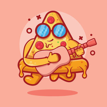 cool pizza character mascot playing guitar isolated cartoon in flat style design