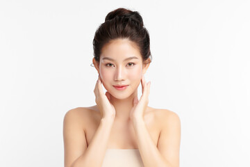 Beautiful young asian woman with clean fresh skin on white background, Face care, Facial treatment, Cosmetology, beauty and spa, Asian women portrait.