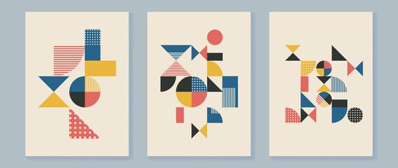 Set of abstract geometric wall art template. Minimal style banner with circle, square, polygon and dot pattern with colorful tone. Modern and vintage design perfect for interior, decor, wallpaper.
