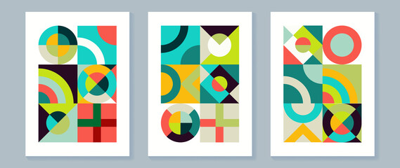 Set of abstract geometric wall art template. Minimal style banner with circle, square, polygon and dot pattern with colorful tone. Modern and vintage design perfect for interior, decor, wallpaper.
