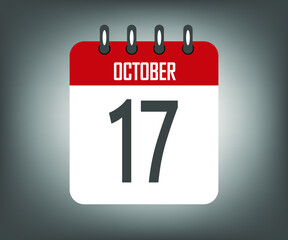 Icon day 17 october, red calendar template with gray background