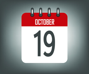 Icon day 19 october, red calendar template with gray background